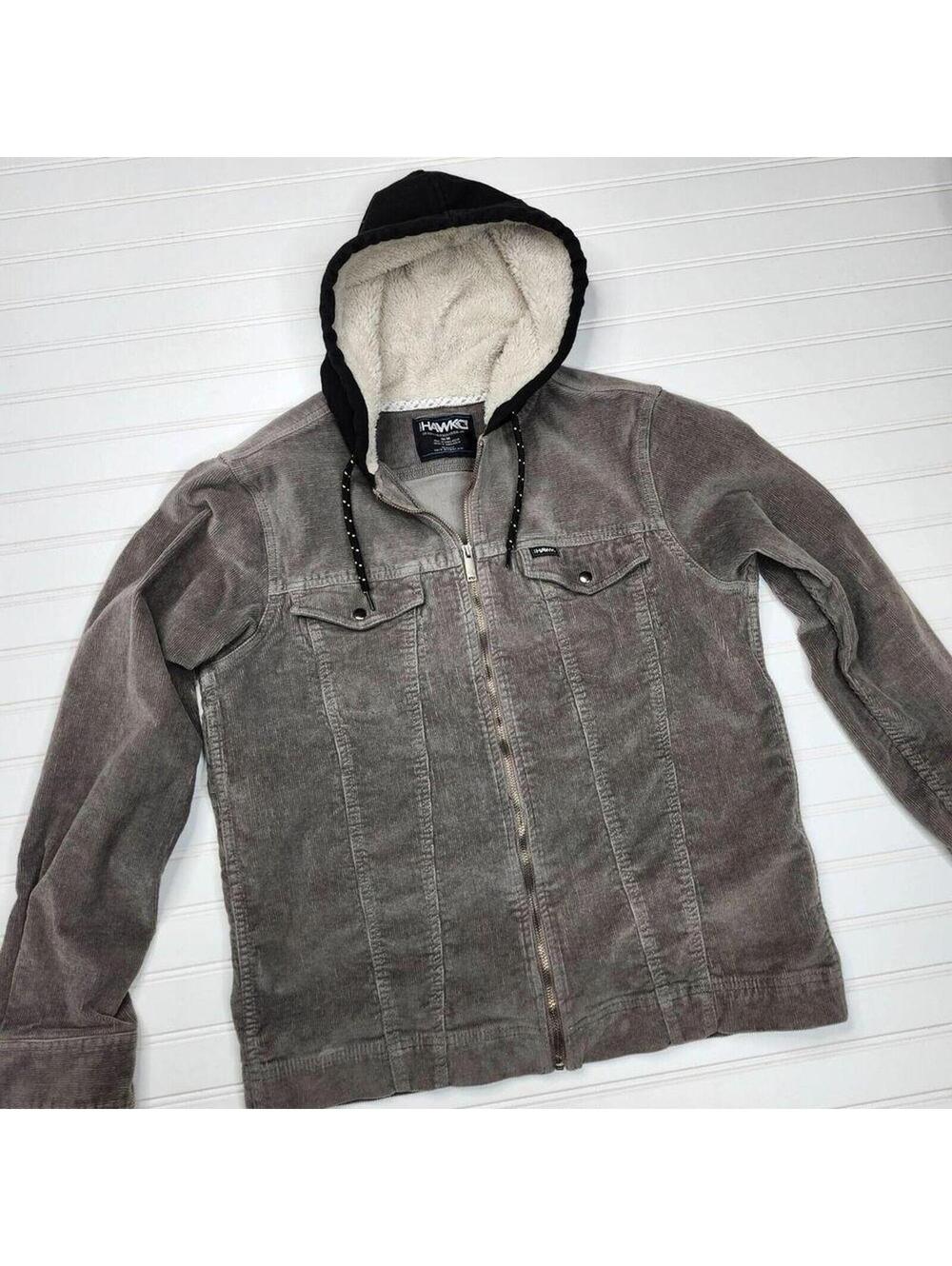 Tony Hawk Mens Gray Corduroy Fleece Lined Hoodie Front Zip Chest Pockets Medium